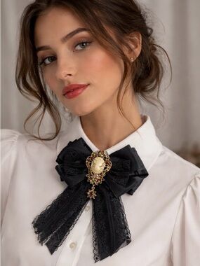 Black Lace Cameo Bow Brooch Cottagegore Dark Academia Coquette